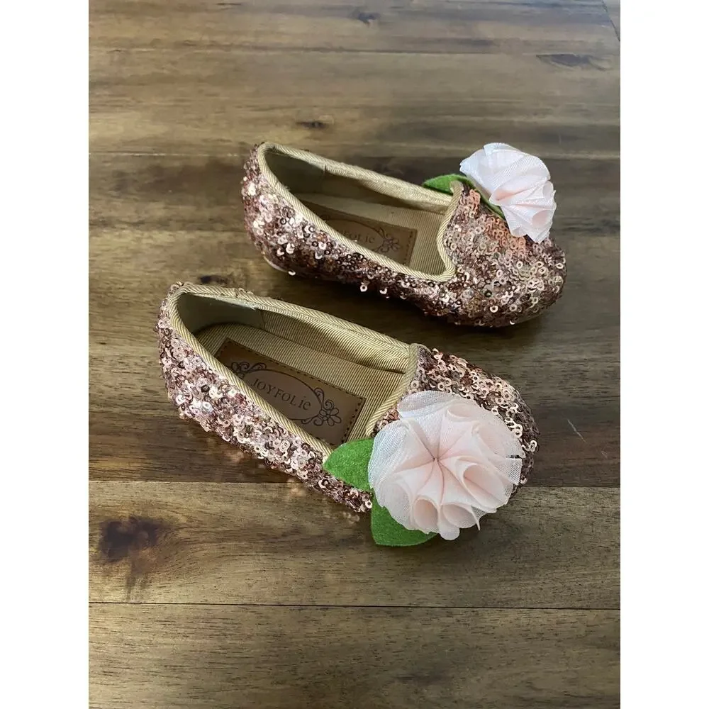 NEW Joyfolie Rose Gold Rosie Sequins Flower Slip On Loafers Shoes Baby Girl 5
